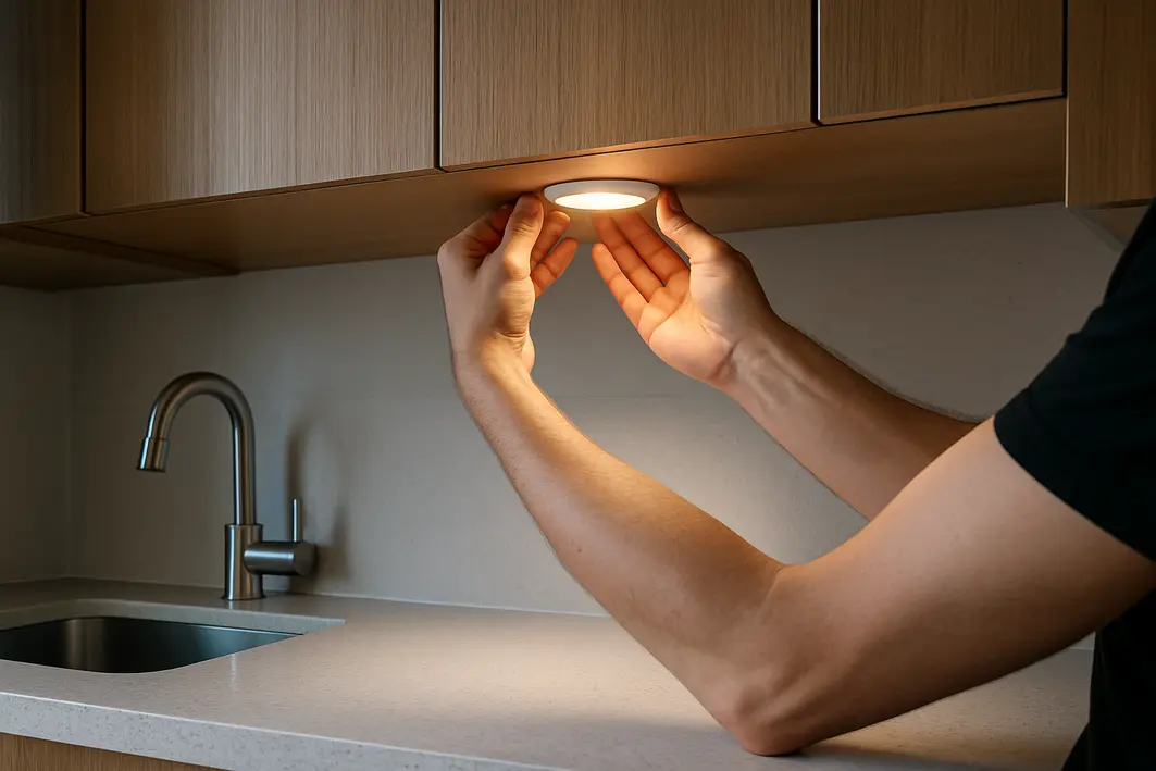 Mãos ajustando luminária embutida sob armário em bancada de cozinha moderna com iluminação uniforme