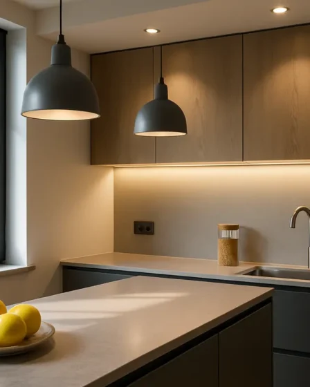 iluminacao bancada cozinha moderna Bancada de cozinha moderna iluminada com luz natural e luminárias pendentes e fitas de LED sob armários