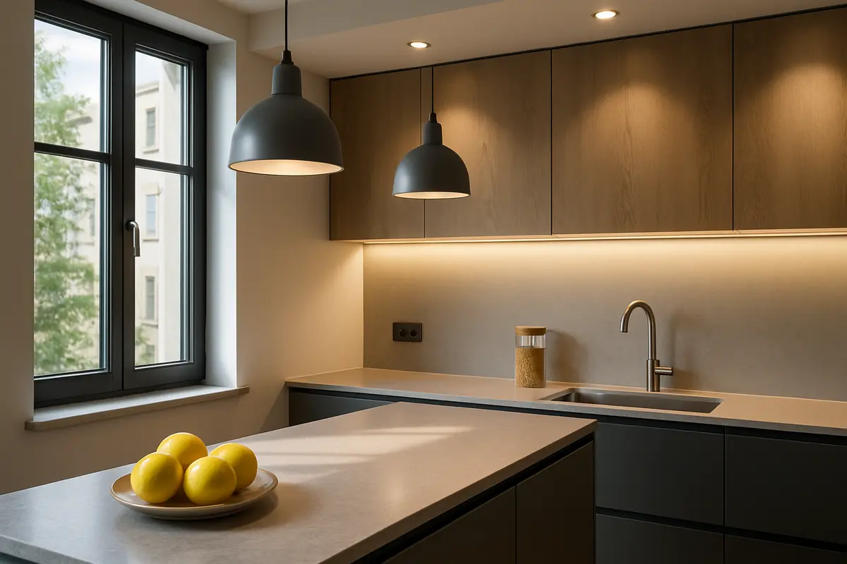 iluminacao bancada cozinha moderna Bancada de cozinha moderna iluminada com luz natural e luminárias pendentes e fitas de LED sob armários