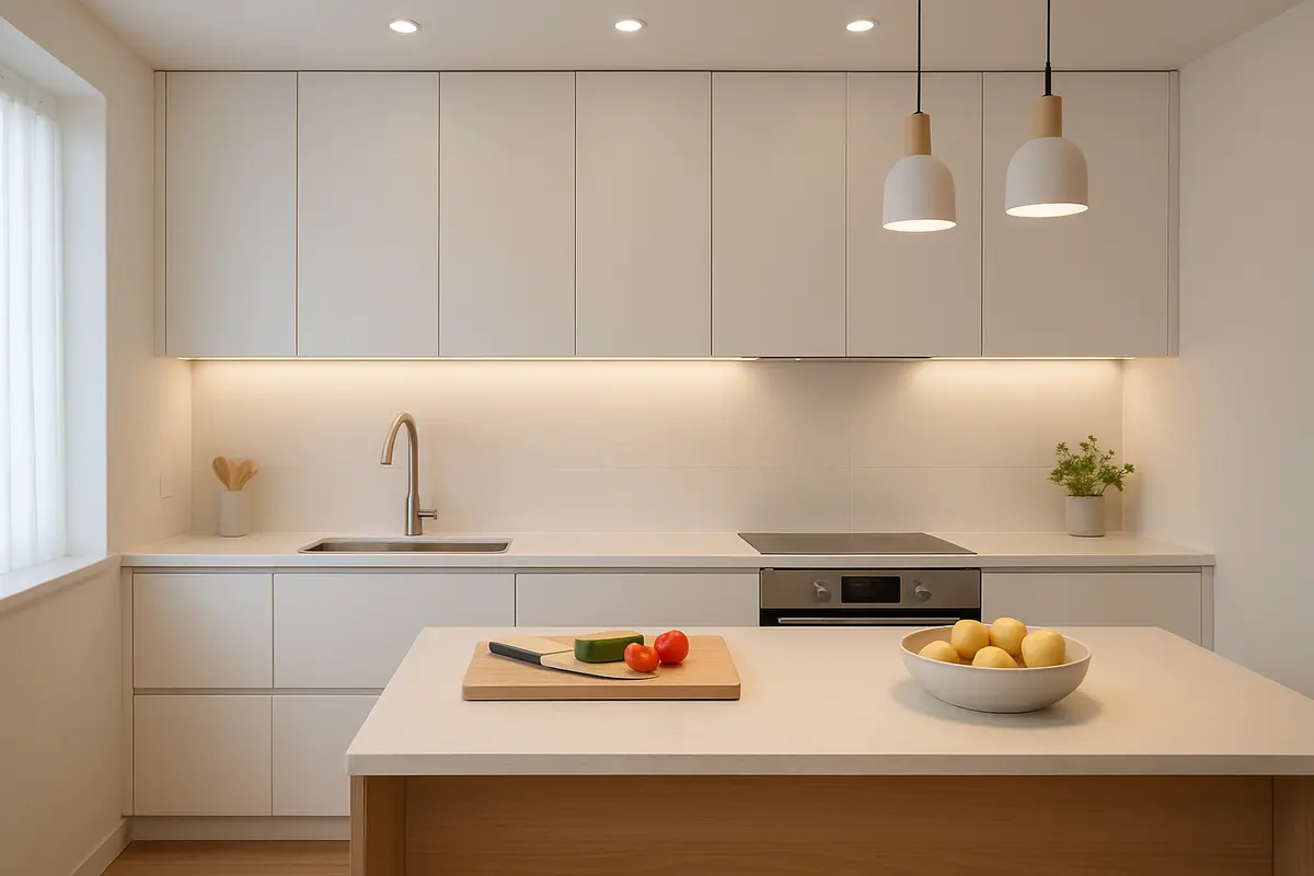 iluminacao cozinha bancada ilha central Cozinha moderna com bancada e ilha central iluminadas uniformemente sem sombras