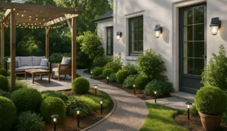 Área externa sofisticada com iluminação solar em jardim e varanda com arandelas, spikelights e fios de luz na pergola