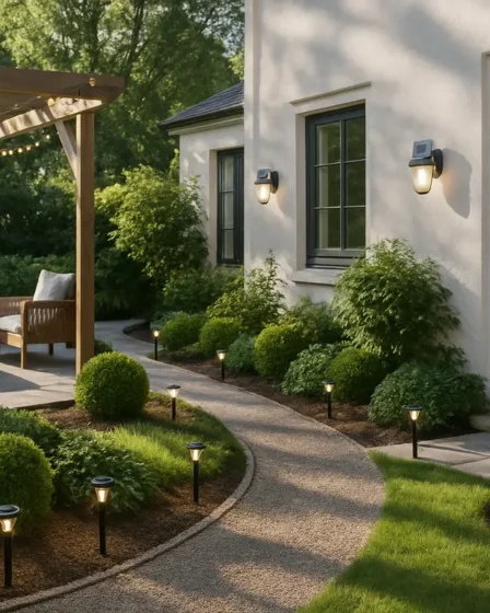 iluminacao externa solar jardim caminho varanda Área externa sofisticada com iluminação solar em jardim e varanda com arandelas, spikelights e fios de luz na pergola