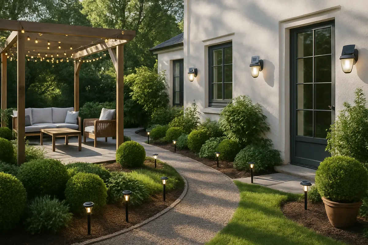 iluminacao externa solar jardim caminho varanda Área externa sofisticada com iluminação solar em jardim e varanda com arandelas, spikelights e fios de luz na pergola