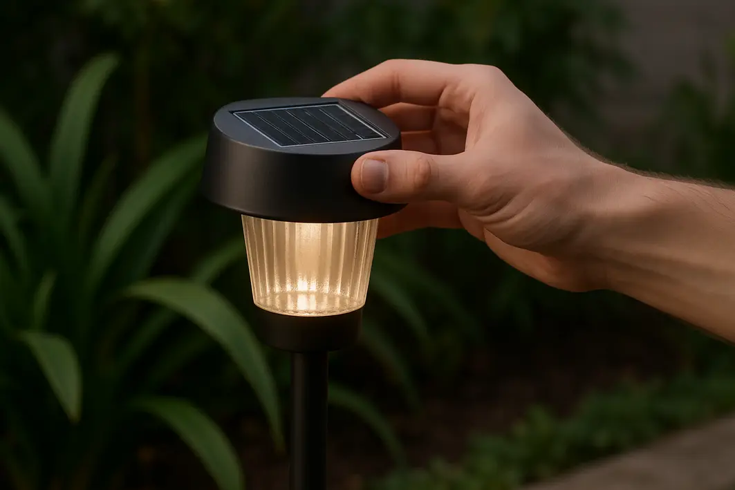 Mão ajustando luminária solar moderna em jardim com plantas verdes ao fundo ao entardecer