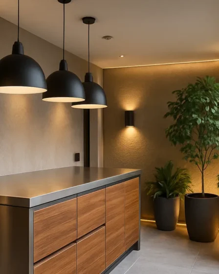 iluminacao varanda moderna gourmet plantas Varanda sofisticada com luz natural e luminárias modernas pendentes, arandelas e spots embutidos, além de plantas em vasos elegantes