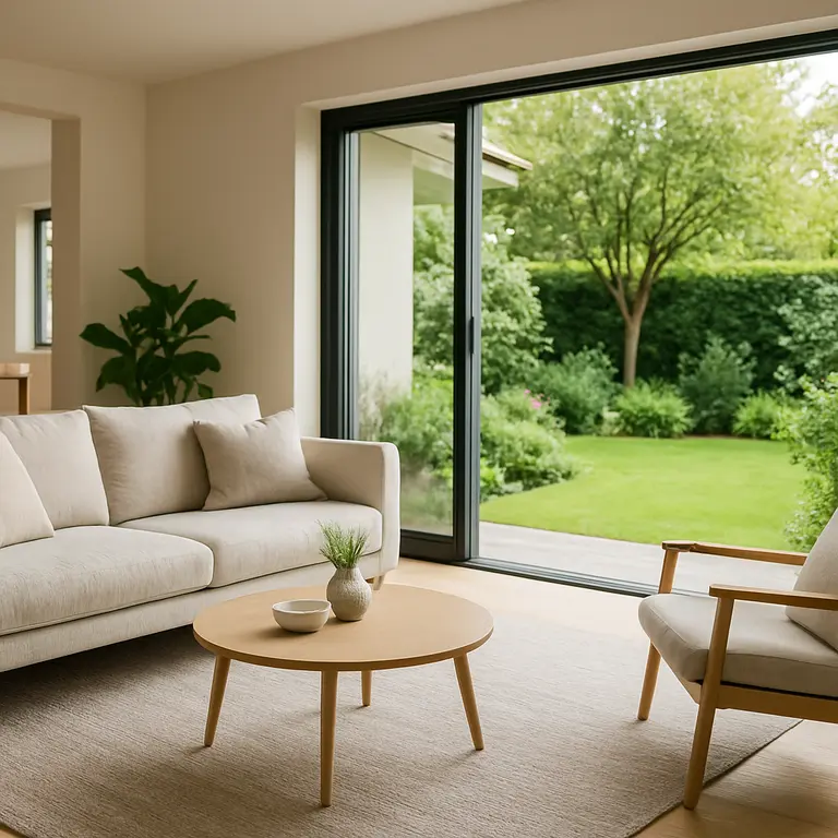 Sala integrada com área externa mostrando móveis modernos e plantas verdes