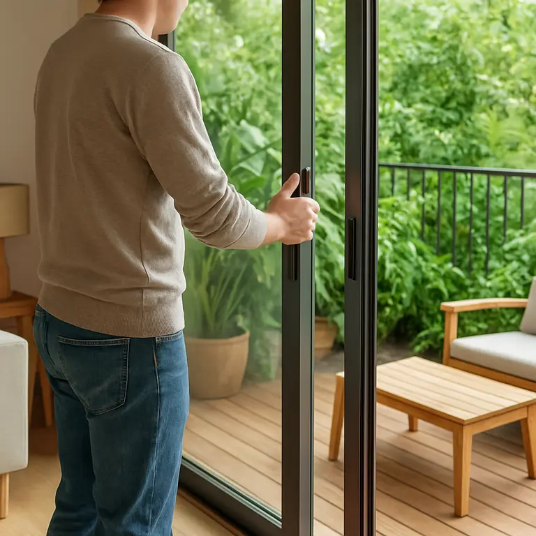 Pessoa abrindo portas de vidro deslizantes entre sala e varanda verde