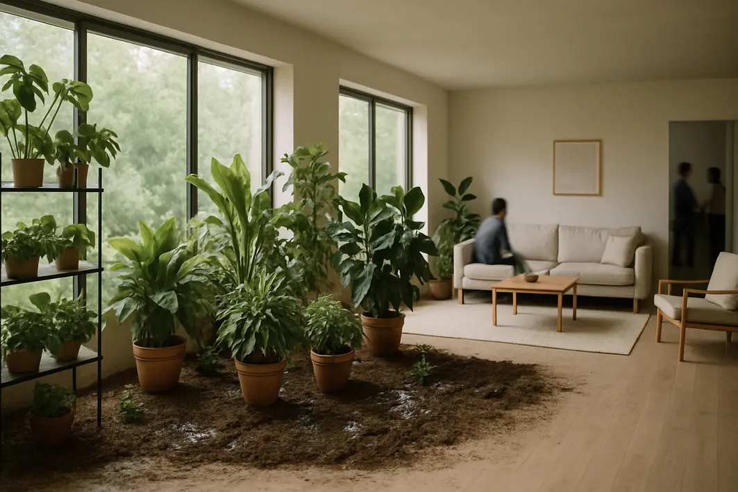 Jardim autossuficiente interno em sala ampla com plantas verdes em vasos organizados próximo a janelas grandes com luz natural