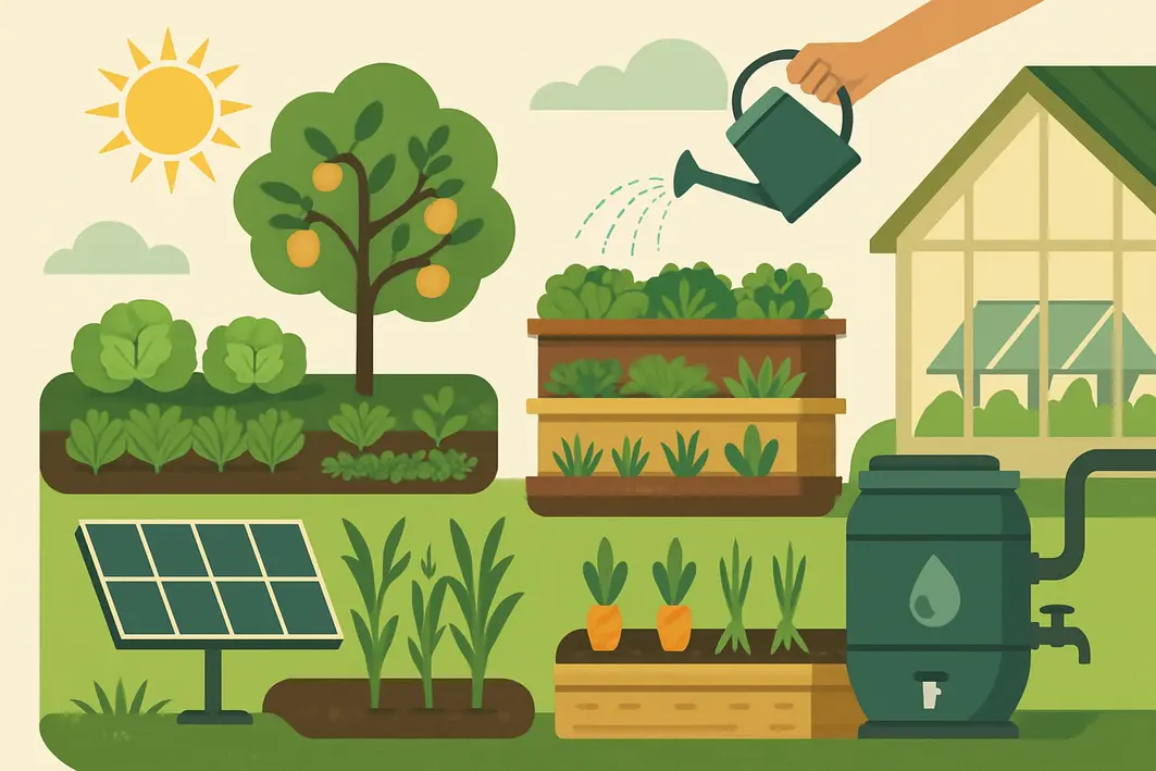 Mãos de pessoa regando jardim autossuficiente com suculentas e cactos em solo seco