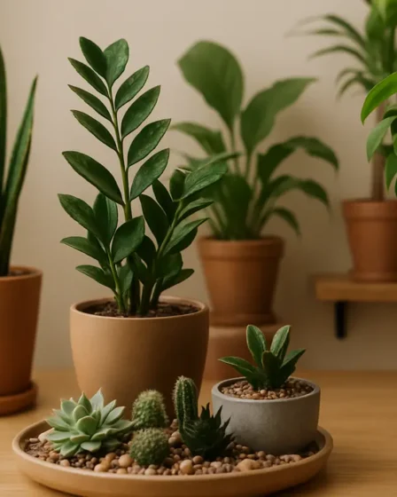 jardim autossuficiente vasos variados Jardim autossuficiente interno com vasos de suculentas, cactos, Zamioculca, Espada de Sao Jorge, jiboia e lírio da paz