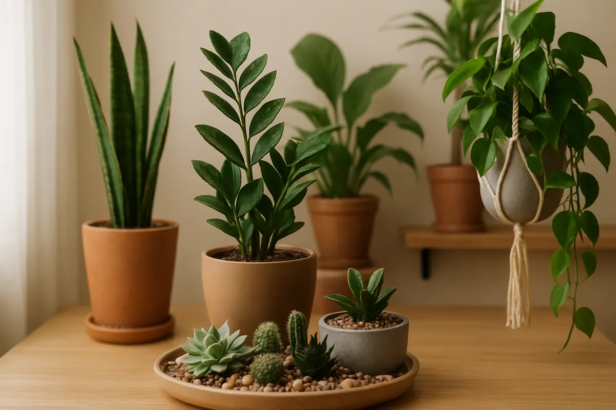 jardim autossuficiente vasos variados Jardim autossuficiente interno com vasos de suculentas, cactos, Zamioculca, Espada de Sao Jorge, jiboia e lírio da paz