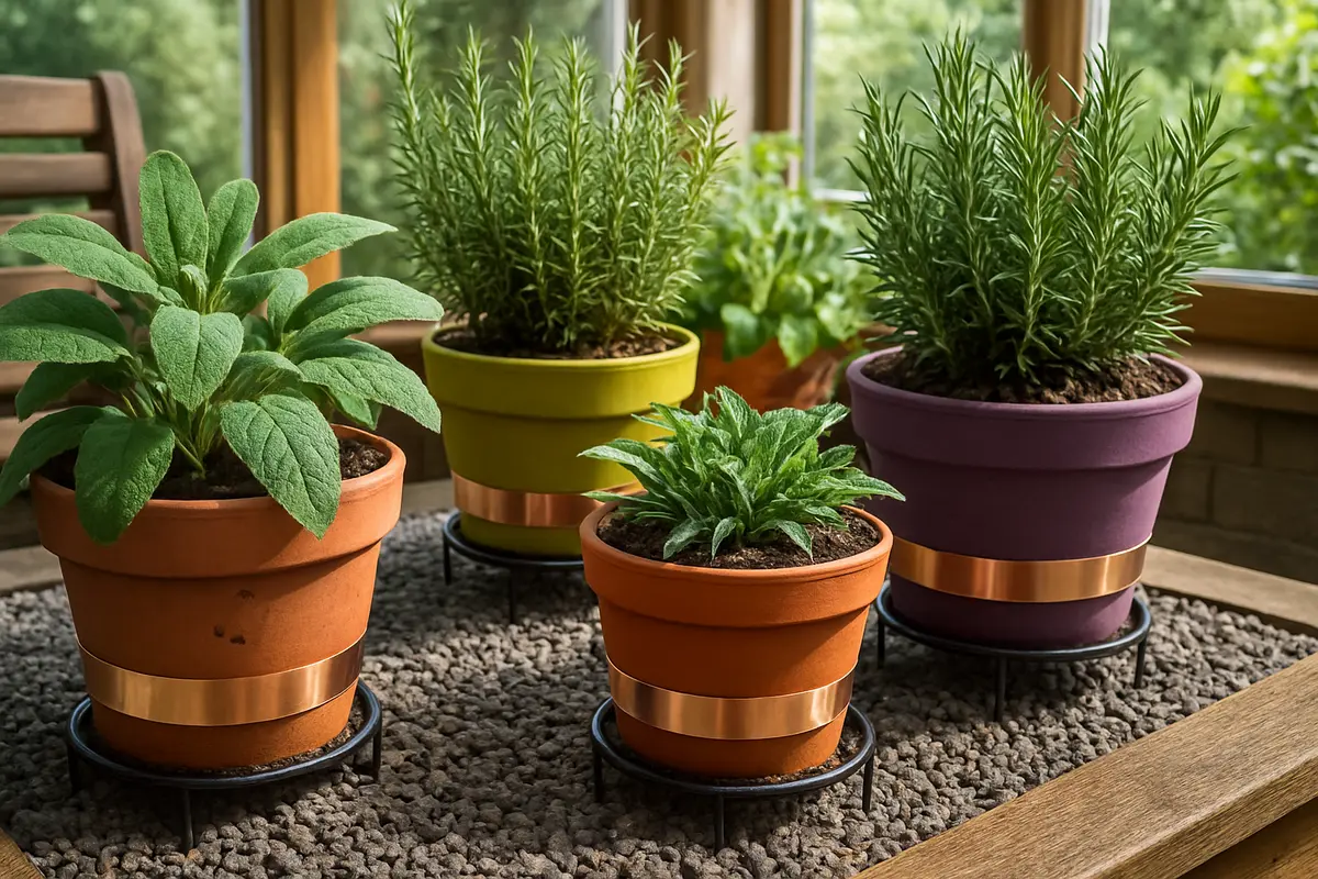 jardim controle caramujo barreira cobre Jardim caseiro com vasos de plantas aromáticas em suportes, fita de cobre e cascalho formando barreiras contra caramujos