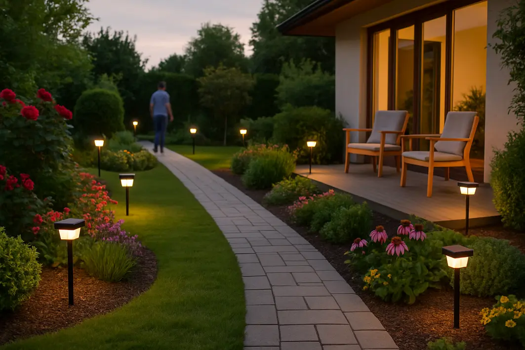 Jardim residencial iluminado ao entardecer com diversas luminarias solares modernas em caminhos e canteiros