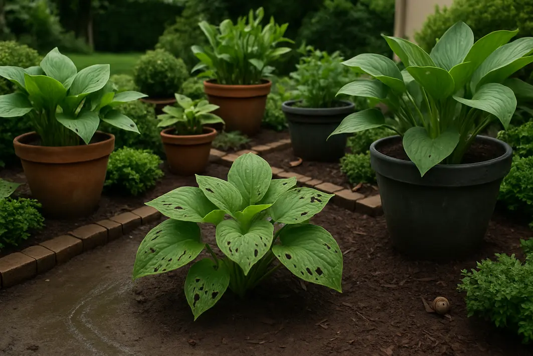 Jardim residencial com vasos e plantas verdes mostrando folhas danificadas por caramujos e trilhas de muco no solo