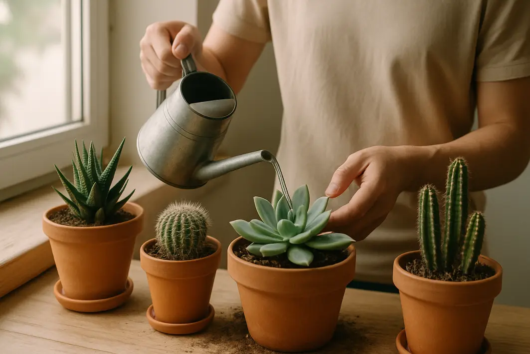 Pessoa regando levemente jardim interno com vasos de cerâmica contendo suculentas e cactos sob luz natural