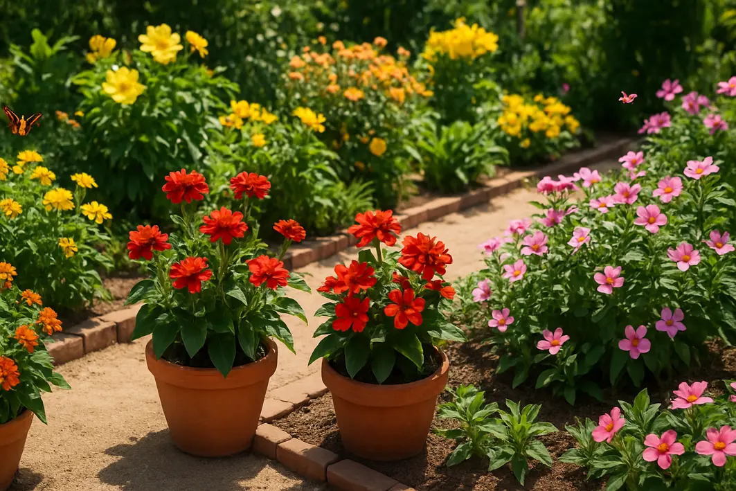 Jardim externo com canteiros e vasos contendo plantas floridas típicas do verão brasileiro sob luz solar intensa, com borboletas e abelhas em segundo plano