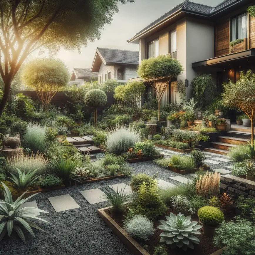 Jardim residencial com plantas nativas variadas, caminhos de pedras e bancos de madeira rústica