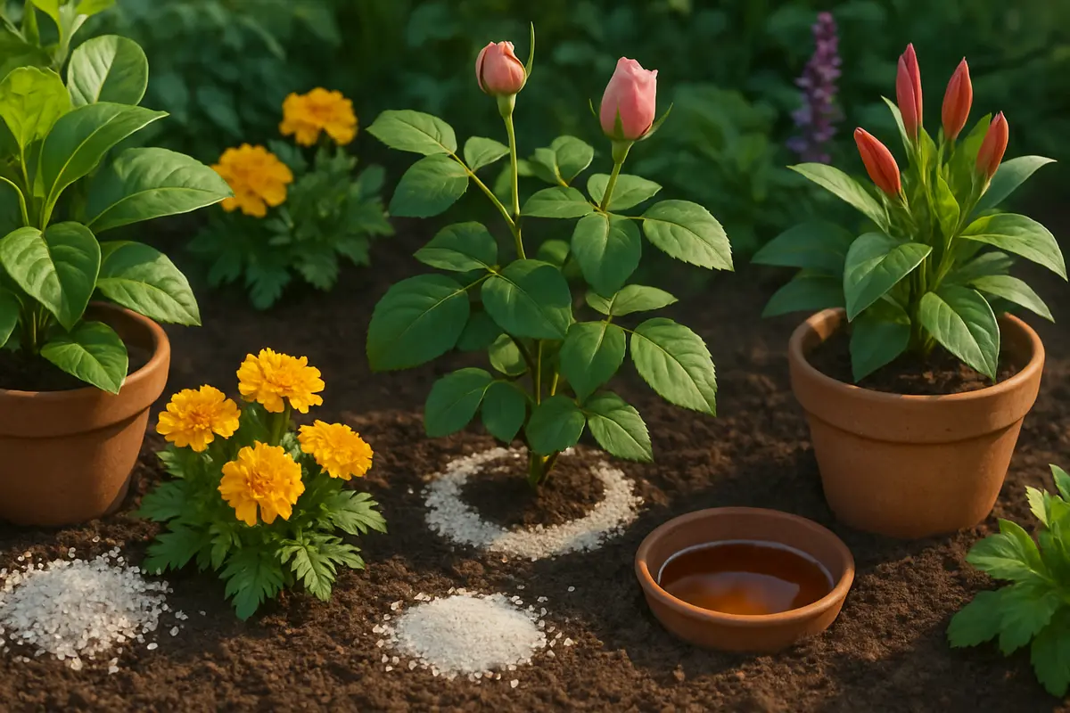 jardim sem caramujos metodo natural Jardim saudável com plantas verdes e flores coloridas sem caramujos, com restos de casca de ovo e armadilha de cerveja no solo