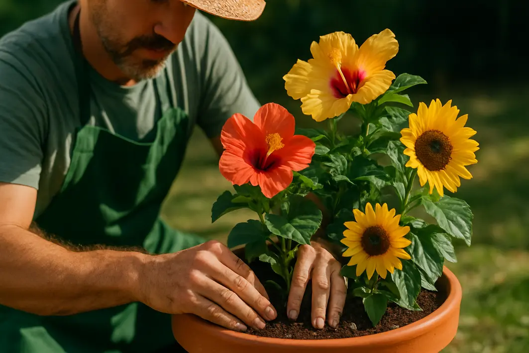 Jardineiro ajustando terra e caule de flores coloridas como hibiscos e girassóis em vaso sob luz solar intensa