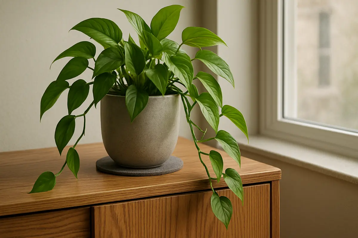jiboia topo armario vaso ceramica Jiboia verde vibrante em vaso de cerâmica no topo de armário de madeira perto de janela