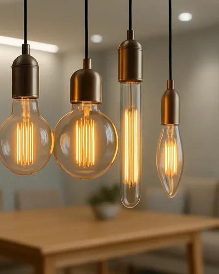 lampadas de filamento cluster ambiente moderno Cluster de lâmpadas de filamento LED variados brilhando em tom âmbar quente pendentes sobre mesa de jantar em ambiente moderno claro