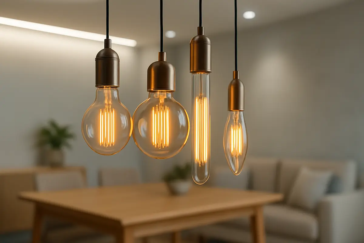 lampadas de filamento cluster ambiente moderno Cluster de lâmpadas de filamento LED variados brilhando em tom âmbar quente pendentes sobre mesa de jantar em ambiente moderno claro