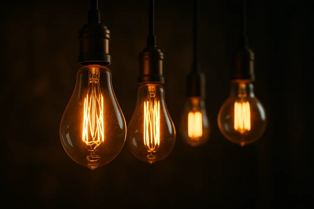 Mão ajustando lâmpada de filamento em abajur moderno com fios luminosos visíveis