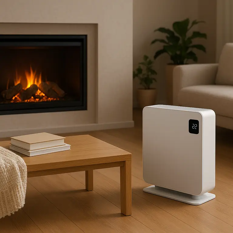 Lareira elétrica embutida com chamas realistas e aquecedor portátil branco em sala contemporânea