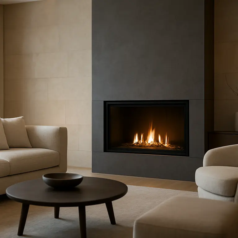 Sala de estar moderna com lareira embutida acesa e móveis sofisticados em tons neutros