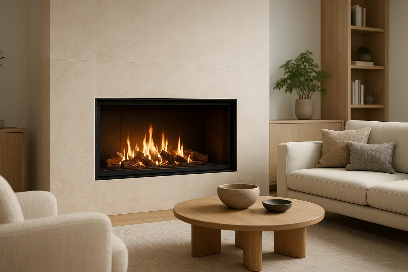 lareira moderna sala elegante Lareira moderna acesa em sala de estar elegante com móveis sofisticados e decoração minimalista