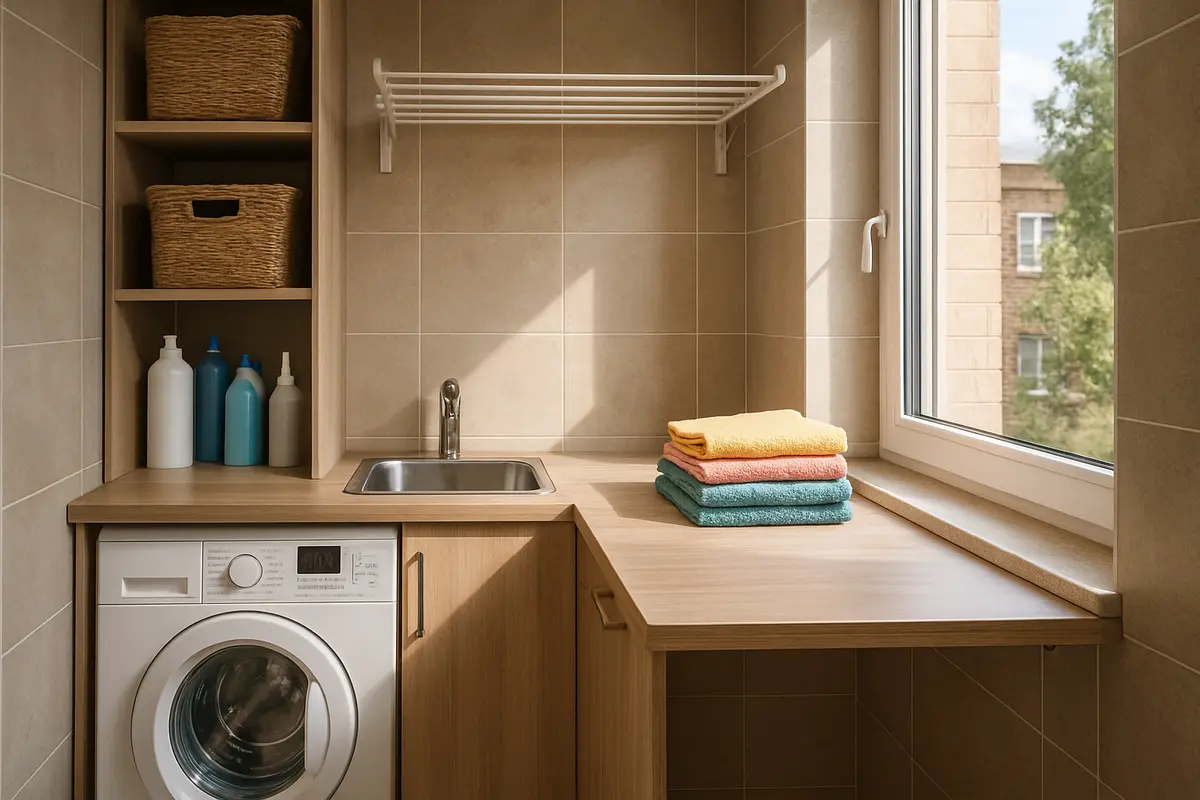 lavanderia pequena apartamento funcional 1 Lavanderia pequena em apartamento com maquina de carga frontal compacta, tanque embutido, bancada dobravel e varal retratil na parede