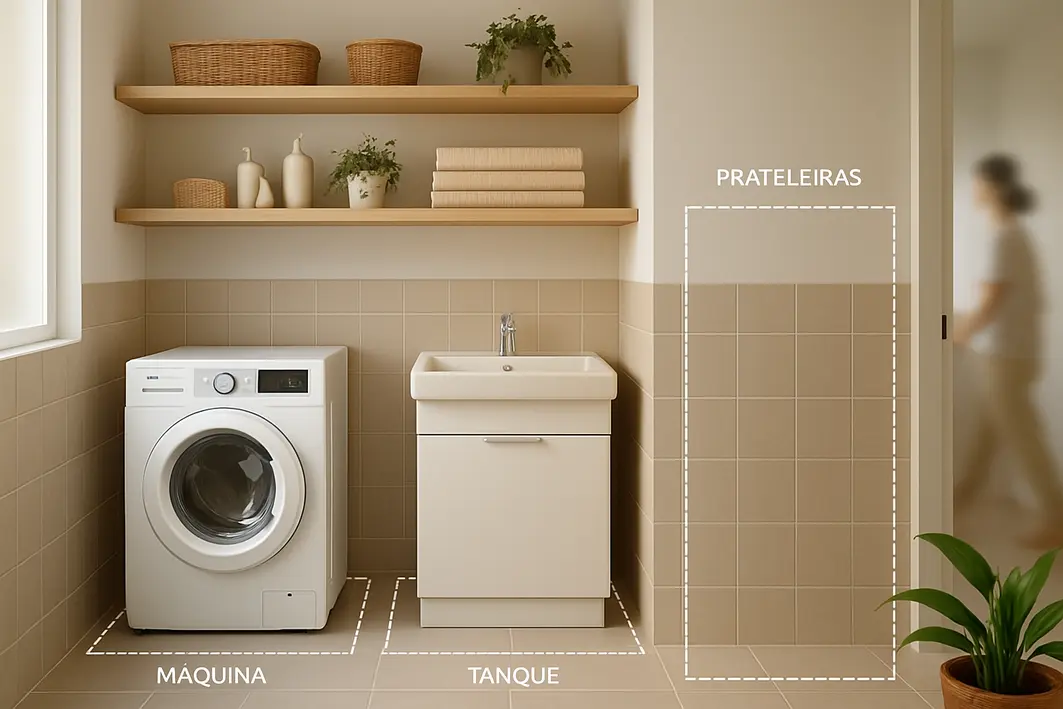 Lavanderia pequena organizada em apartamento com máquina de lavar, tanque e prateleiras demarcadas no chão
