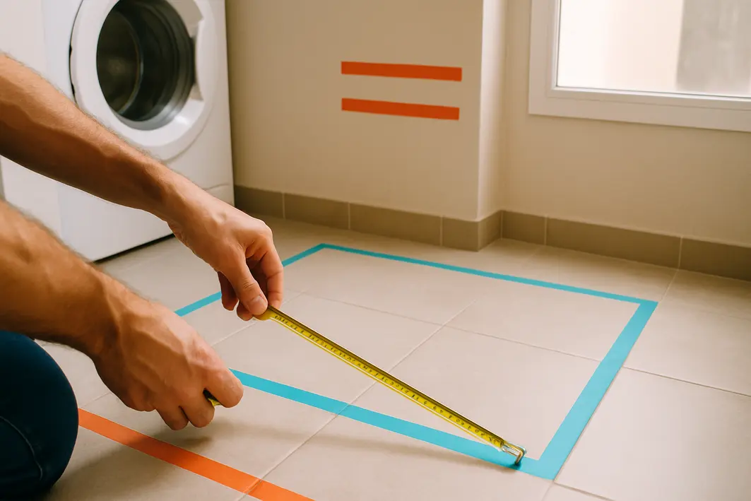 Mãos masculinas medindo com fita métrica detalhes do chão de lavanderia pequena de apartamento com marcações coloridas