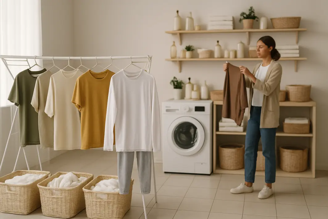 Área ampla de lavanderia doméstica organizada com varais e cestos contendo roupas diversas penduradas para secar sob luz natural