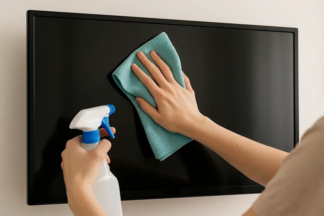 Pessoa limpando tela de televisão moderna com pano de microfibra branco