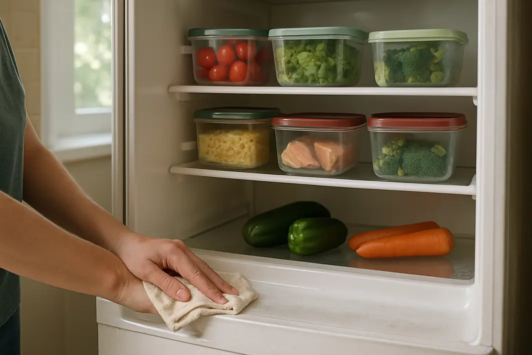Mão adulta limpando bandeja de degelo da geladeira com pano úmido dentro de geladeira organizada