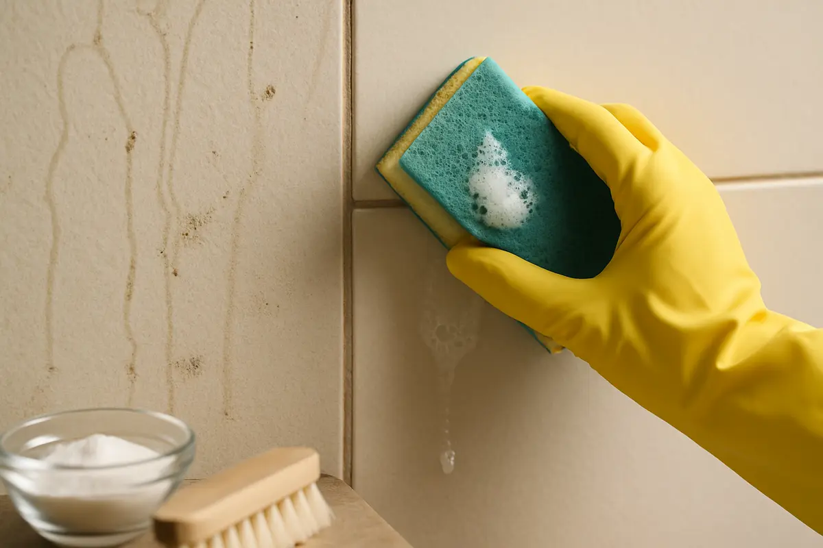 limpeza caramujos parede banheiro Close de parede com azulejos claros mostrando lado esquerdo com trilhas de muco de caramujo e lado direito limpo sendo esfregado com esponja por mão enluvada