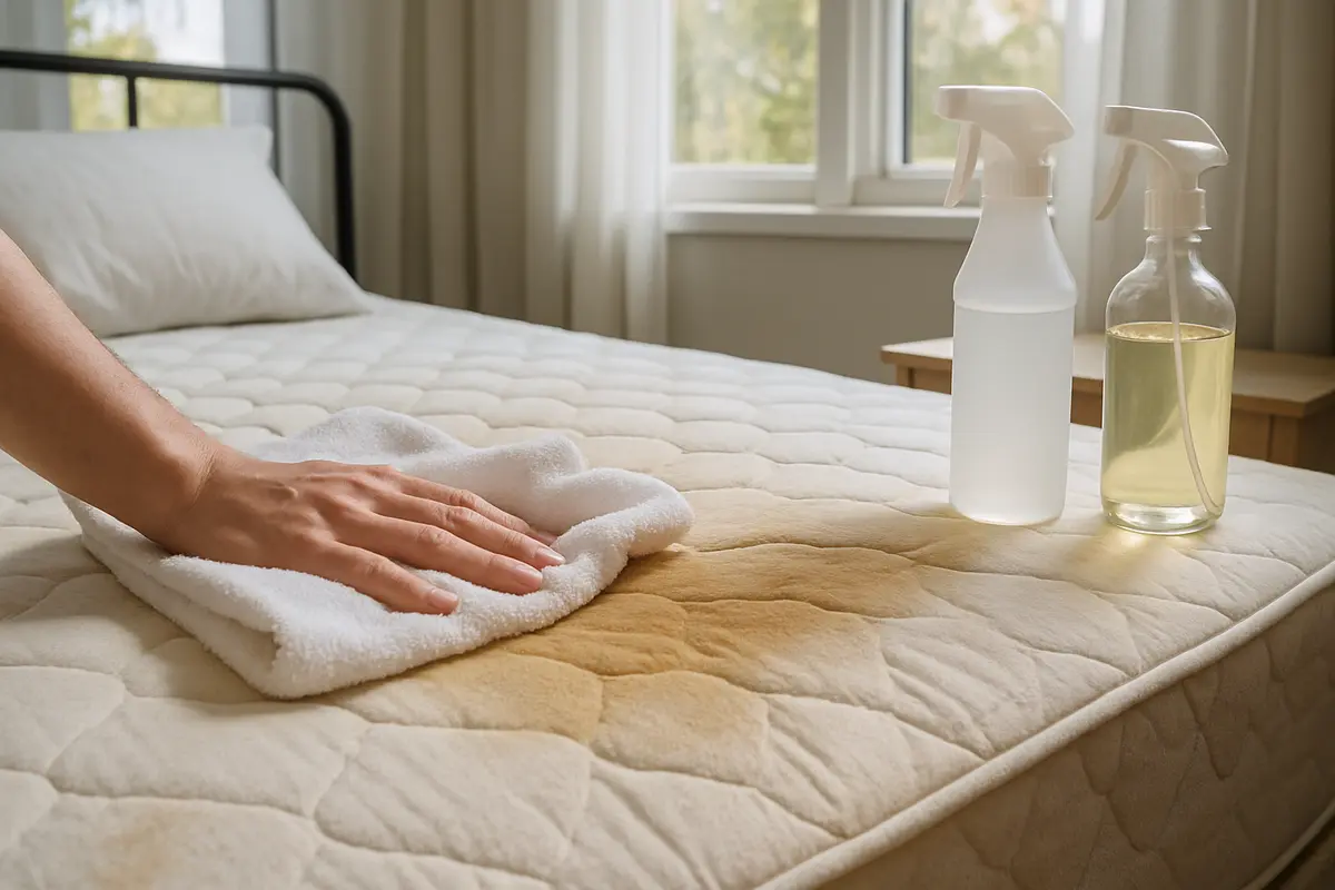 limpeza colchao cheiro urina Colchão manchado sendo limpo com toalhas brancas e spray de solução natural ao lado