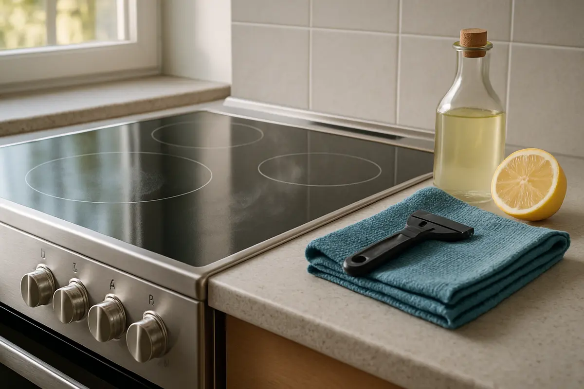 limpeza gordura queimada fogao Fogão moderno limpo com superfície inox e vidro cerâmico com panos de microfibra, raspadores e produtos de limpeza naturais ao redor