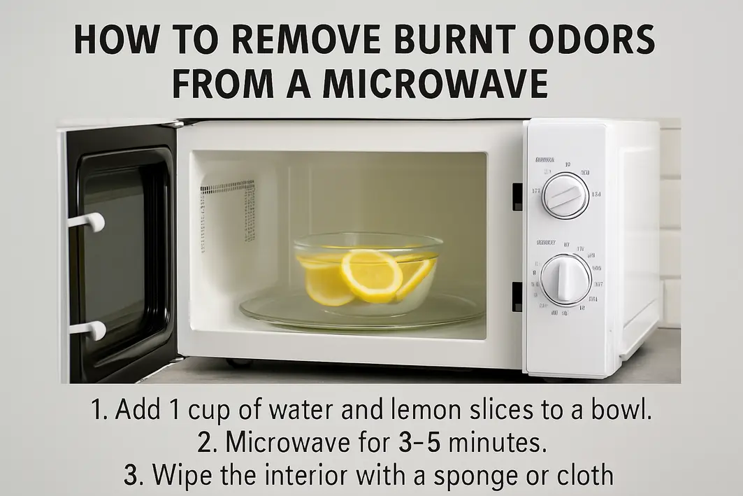 Mulher limpando interior do microondas aberto com esponja umida na cozinha moderna