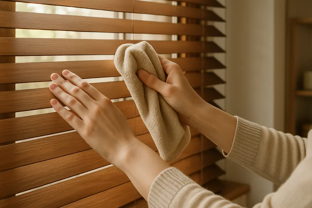 Pessoa limpando persianas de madeira com pano de microfibra seco em ambiente interno iluminado