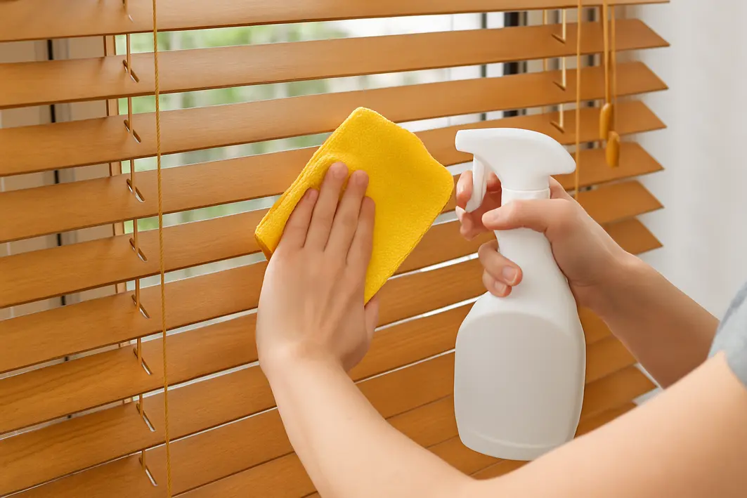 Pessoa limpando persianas de madeira com pano macio e produto suave perto de janela iluminada