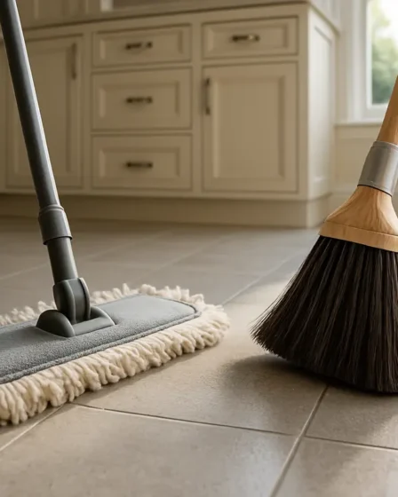 limpeza porcelanato fosco cozinha Piso de porcelanato fosco sendo limpo com mop de microfibra em cozinha elegante iluminada