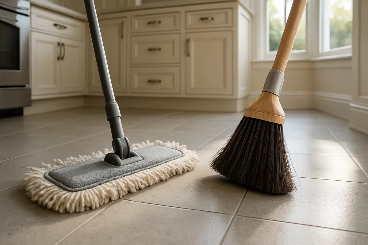 limpeza porcelanato fosco cozinha Piso de porcelanato fosco sendo limpo com mop de microfibra em cozinha elegante iluminada