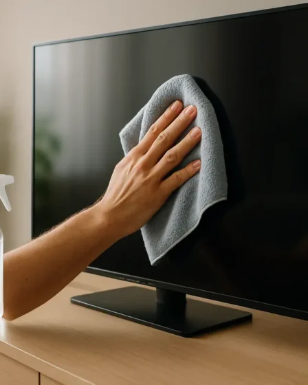 limpeza tela tv pano microfibra Mãos adultas limpando tela de TV com pano de microfibra em sala moderna