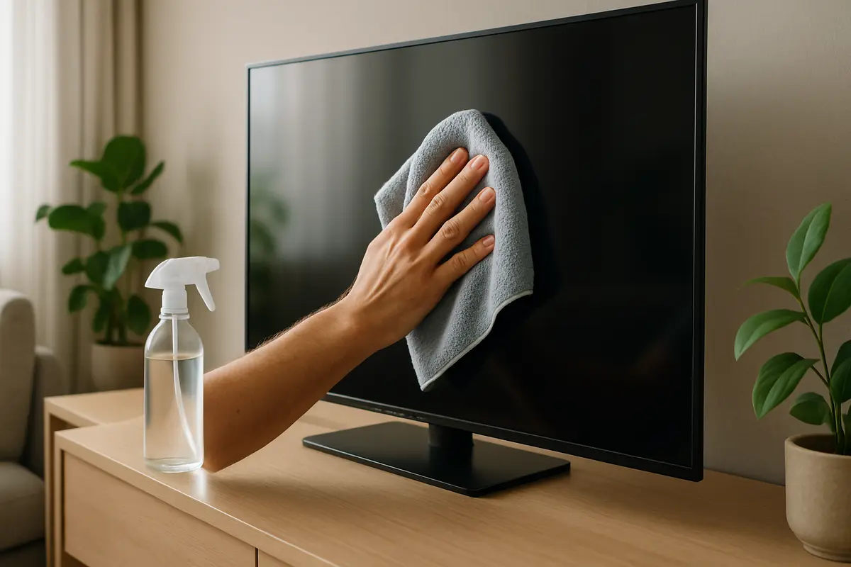limpeza tela tv pano microfibra Mãos adultas limpando tela de TV com pano de microfibra em sala moderna