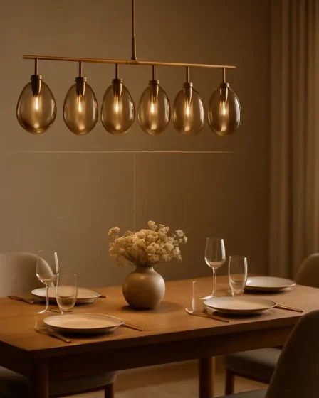 lustre mesa jantar altura correta 1 Lustre pendente moderno em vidro fumê com estrutura em latão sobre mesa de jantar retangular de madeira, mostrando espaço ideal entre lustre e mesa