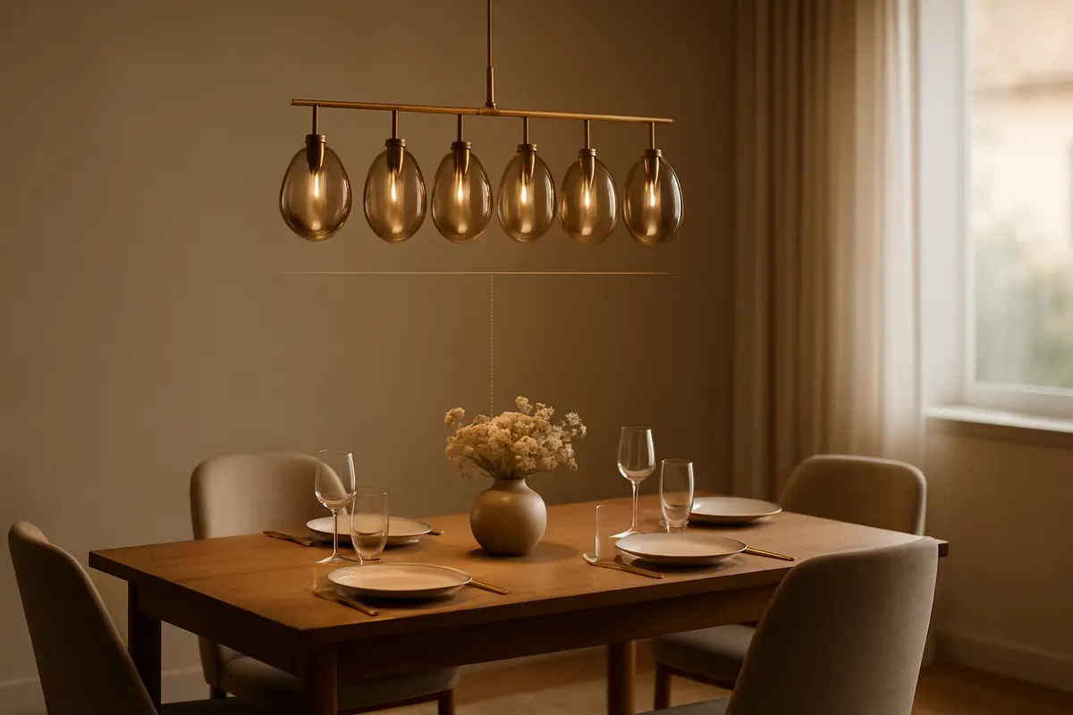 lustre mesa jantar altura correta 1 Lustre pendente moderno em vidro fumê com estrutura em latão sobre mesa de jantar retangular de madeira, mostrando espaço ideal entre lustre e mesa