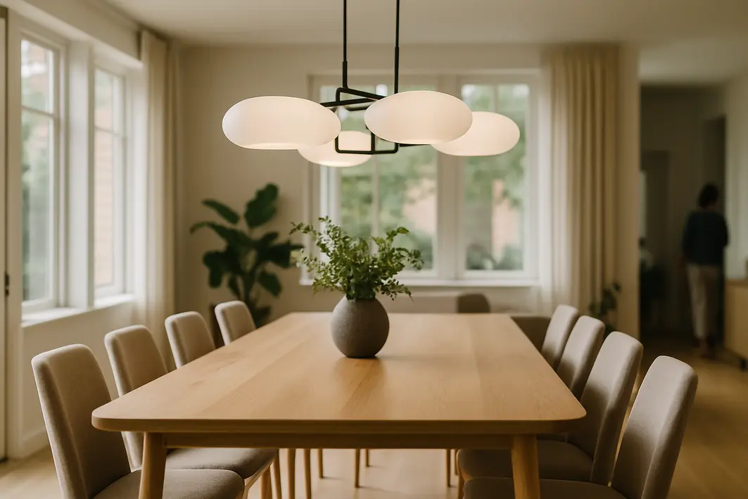 Sala de jantar moderna com mesa em madeira clara e lustre pendente contemporâneo instalado na altura ideal