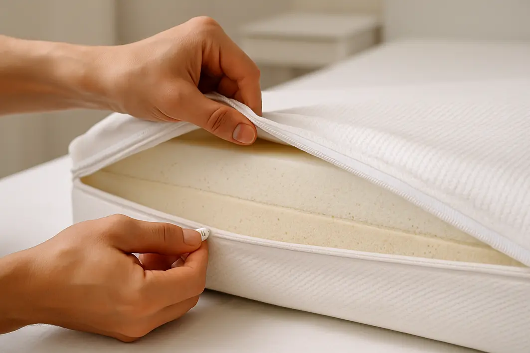 Mãos abrindo capa de colchão para mostrar núcleo de espuma com camadas densas e texturizadas